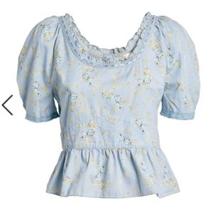 LoveShackFancy Tayshia Top in Dim Star. Blue Floral Top. Size S